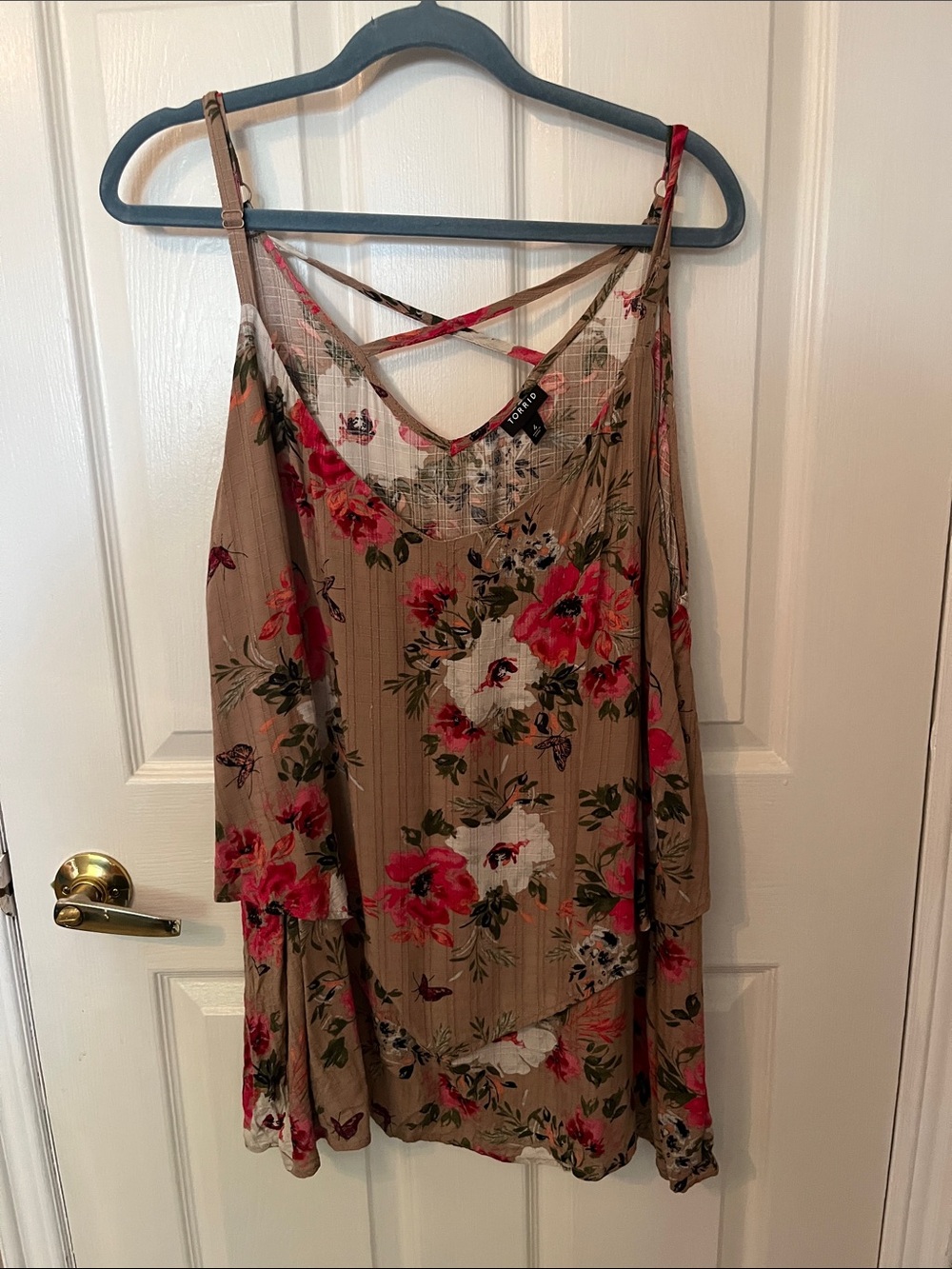 torrid Taupe Floral Cold-Shoulder Slip Top with Crisscross Back